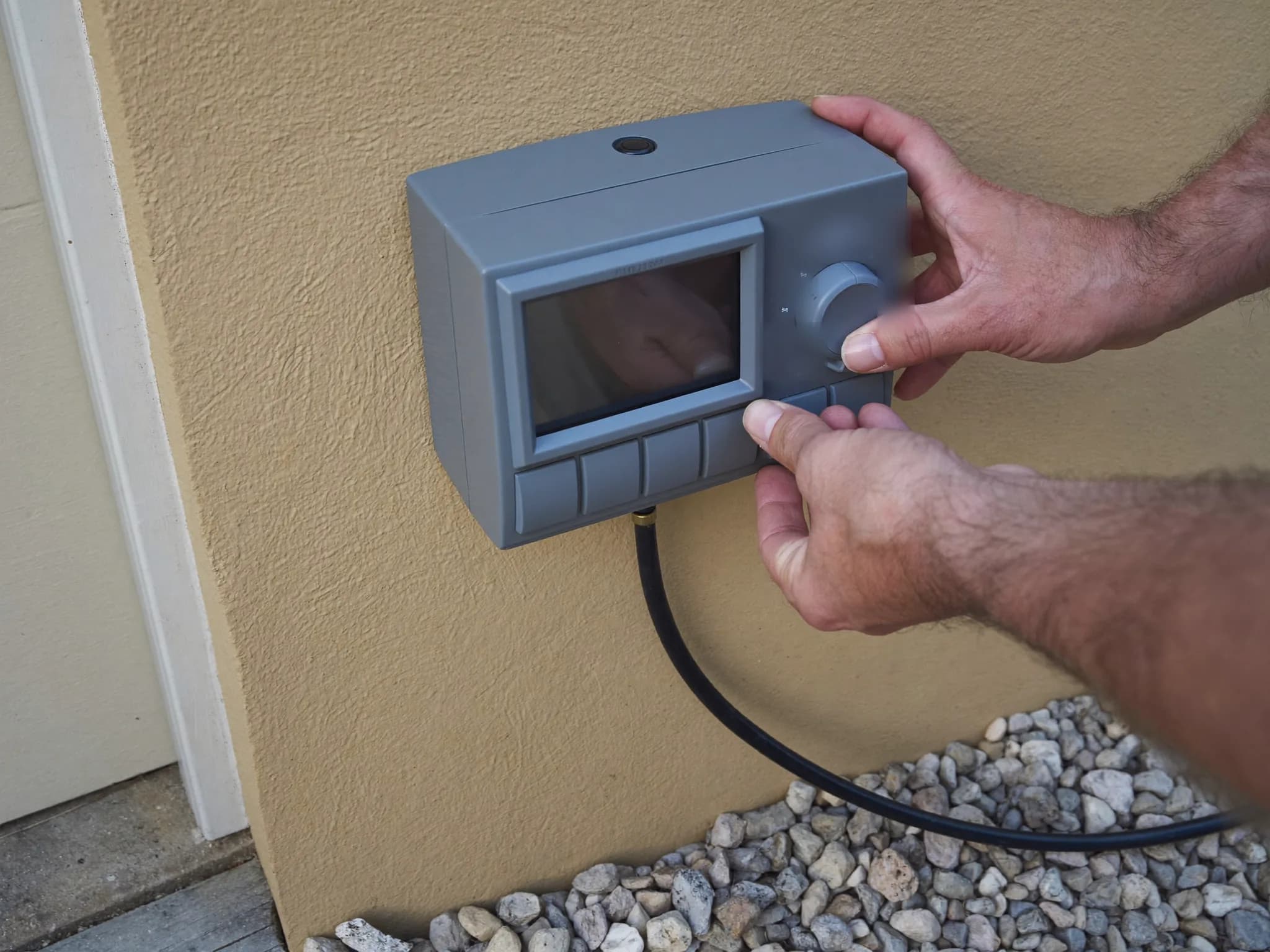 Illustration of hands adjusting an outdoor irrigation controller on a stucco wall